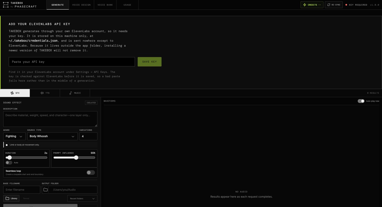 The TAKEBOX interface: a sound-effect request with genre, source type, variation count, duration and prompt influence, alongside the chosen output folder and a list of generated takes shown as waveforms.